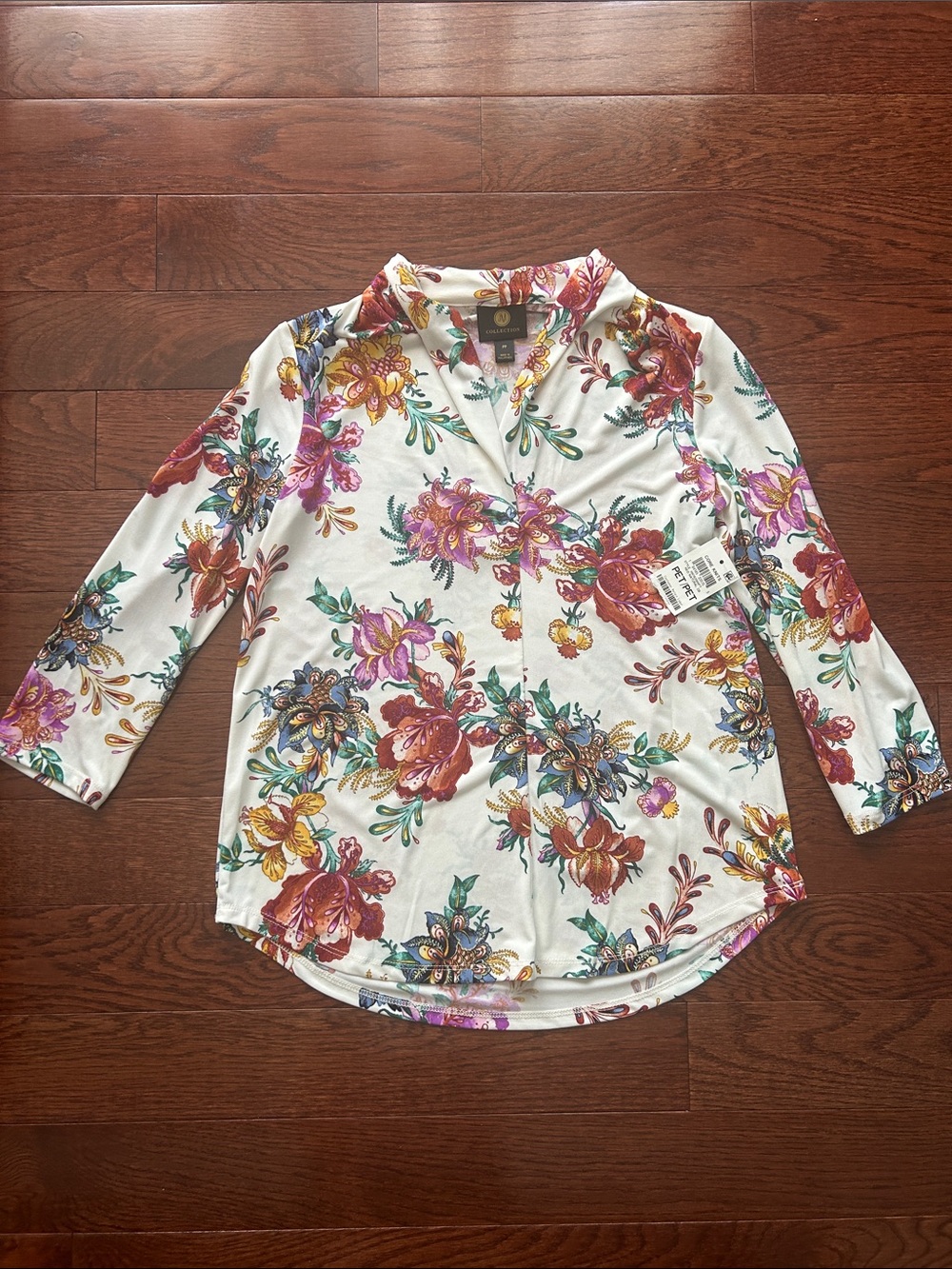 JM Collection White Floral V-Neck Blouse with Multicolor Print